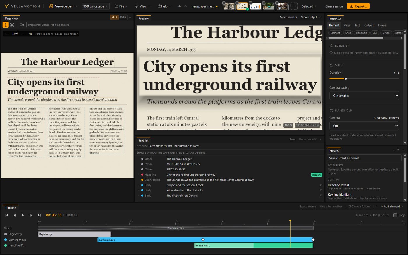 The Newspaper workspace with its exported clip