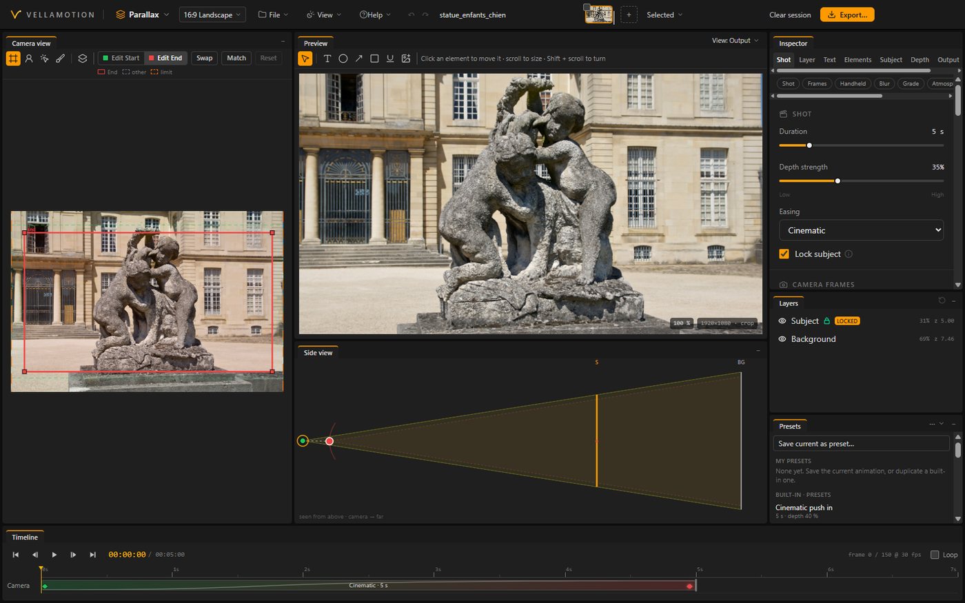 The Parallax workspace with its exported clip