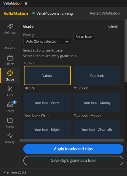 The panel's Grade page